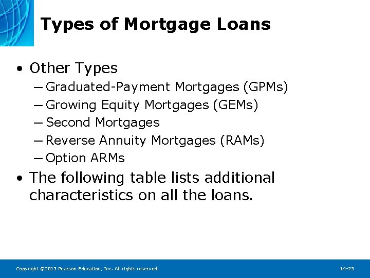 Types of Mortgage Loans • Other Types ─ Graduated-Payment Mortgages (GPMs) ─ Growing Equity