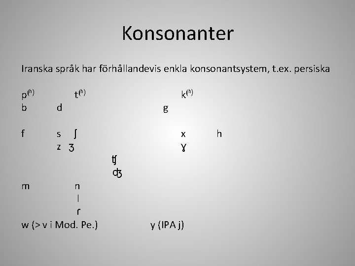 Konsonanter Iranska språk har förhållandevis enkla konsonantsystem, t. ex. persiska p(ʰ) b f m