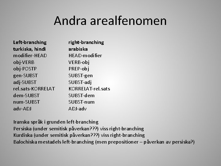 Andra arealfenomen Left-branching turkiska, hindi modifier-HEAD obj-VERB obj-POSTP gen-SUBST adj-SUBST rel. sats-KORRELAT dem-SUBST num-SUBST