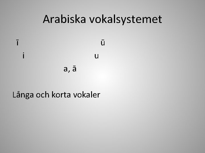 Arabiska vokalsystemet ī ū u i a, ā Långa och korta vokaler 