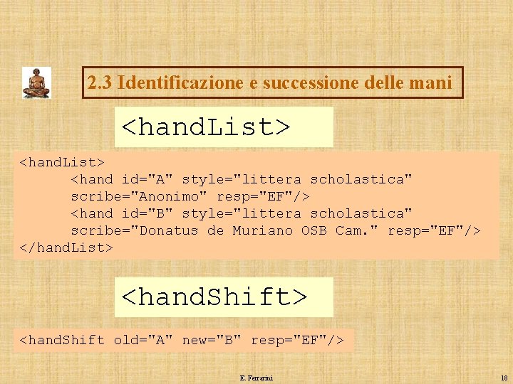 2. 3 Identificazione e successione delle mani <hand. List> <hand id="A" style="littera scholastica" scribe="Anonimo"