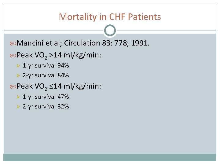 Mortality in CHF Patients Mancini et al; Circulation 83: 778; 1991. Peak VO 2