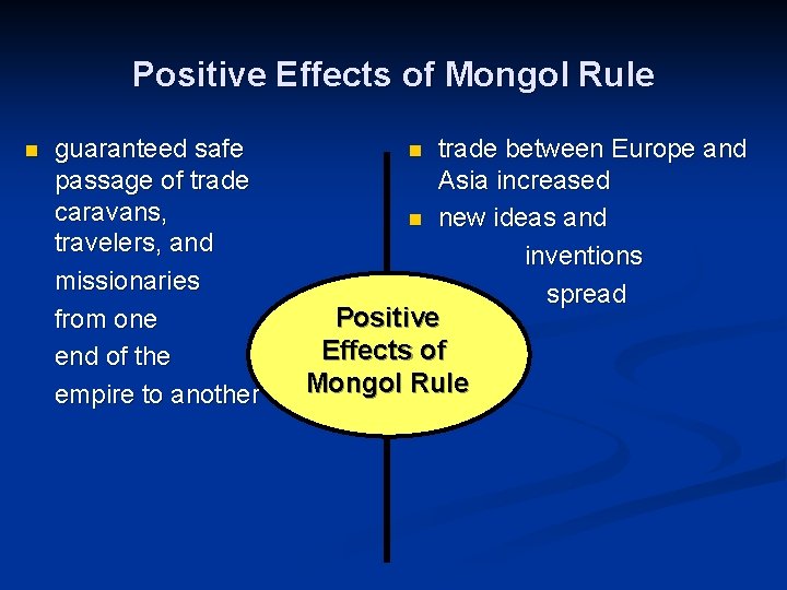 Positive Effects of Mongol Rule n guaranteed safe passage of trade caravans, travelers, and