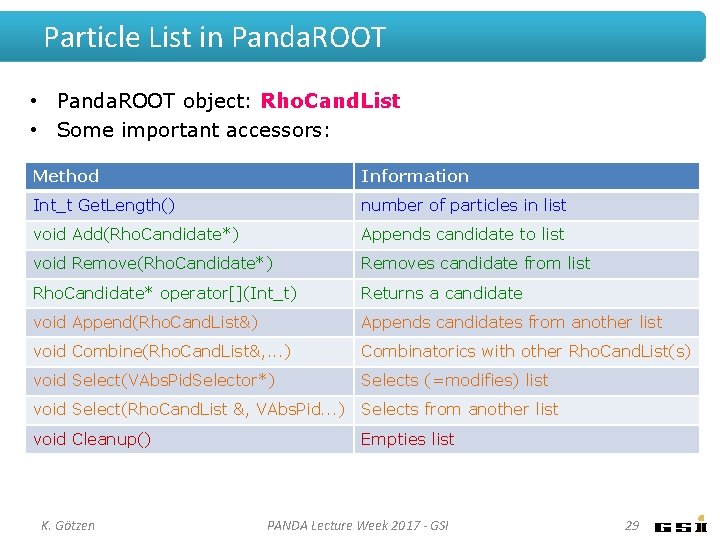 Particle List in Panda. ROOT • Panda. ROOT object: Rho. Cand. List • Some Particle List in Panda. ROOT • Panda. ROOT object: Rho. Cand. List • Some