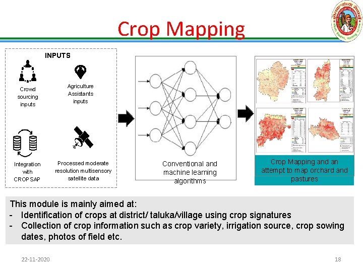 Crop Mapping INPUTS Crowd sourcing inputs Integration with CROPSAP Agriculture Assistants inputs Processed moderate