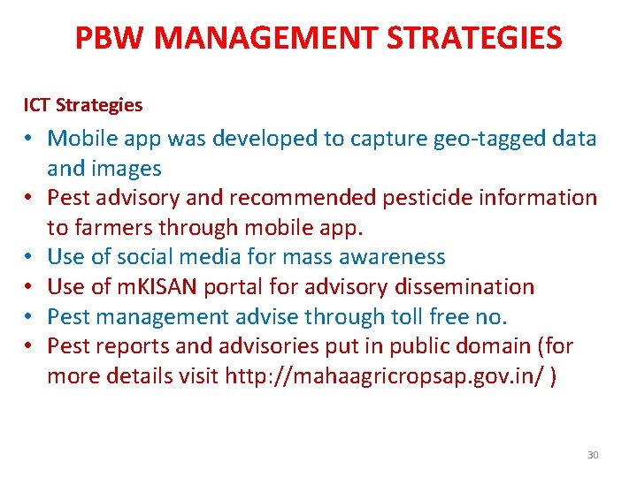 PBW MANAGEMENT STRATEGIES ICT Strategies • Mobile app was developed to capture geo-tagged data