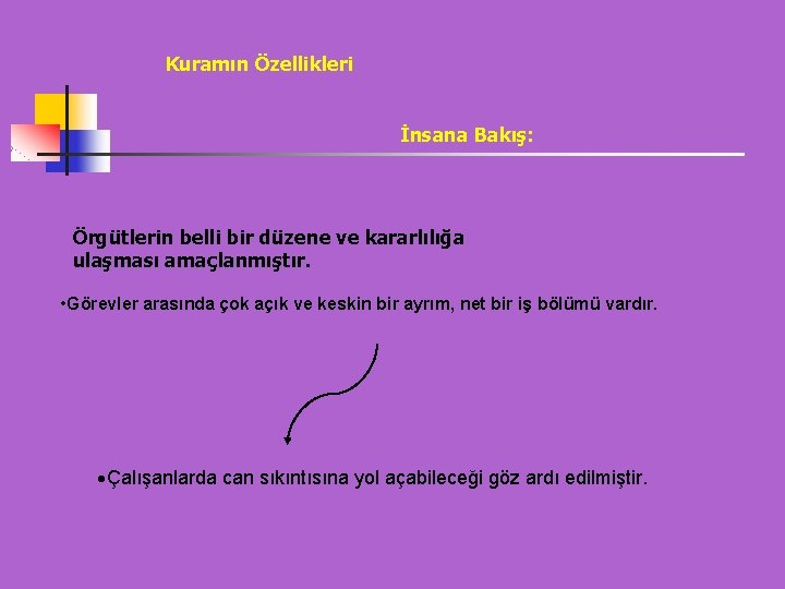 Kuramın Özellikleri İnsana Bakış: Örgütlerin belli bir düzene ve kararlılığa ulaşması amaçlanmıştır. • Görevler