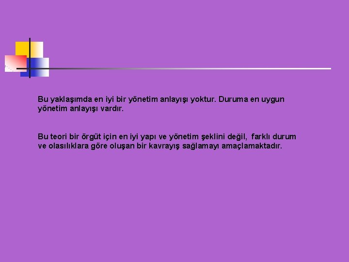 Bu yaklaşımda en iyi bir yönetim anlayışı yoktur. Duruma en uygun yönetim anlayışı vardır.