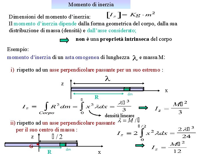 Momento di inerzia Dimensioni del momento d’inerzia: Il momento d’inerzia dipende dalla forma geometrica