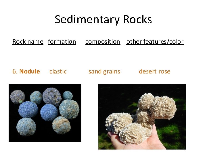 Sedimentary Rocks Rock name formation 6. Nodule clastic composition other features/color sand grains desert