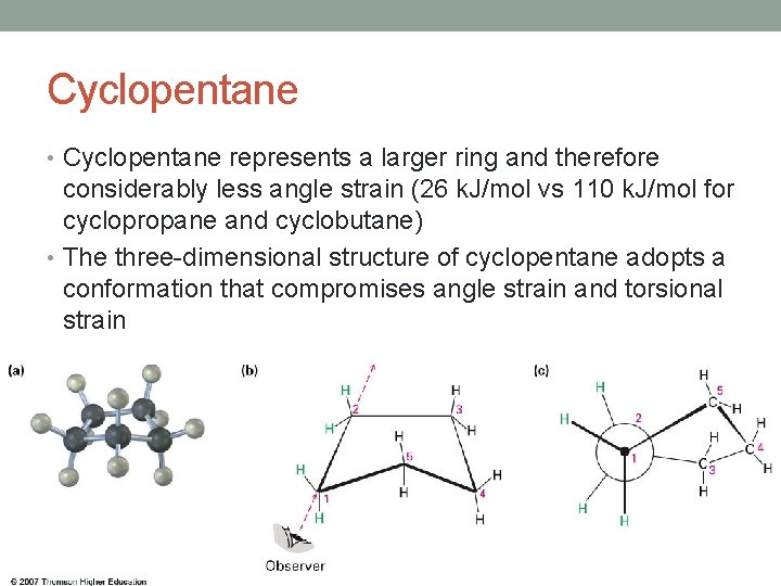 Cyclopentane • Cyclopentane represents a larger ring and therefore considerably less angle strain (26