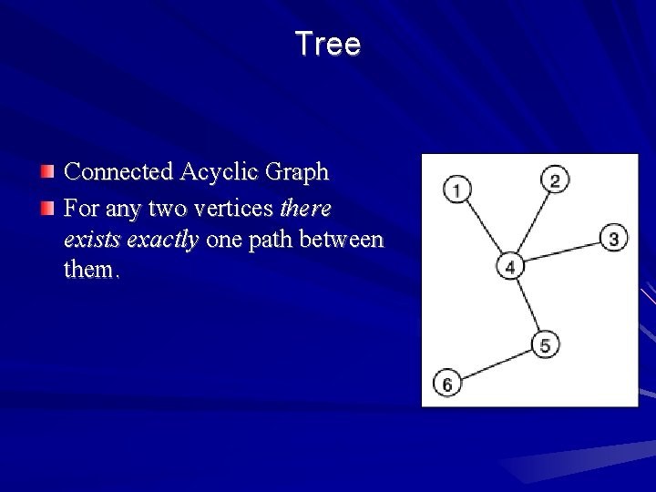 Tree Connected Acyclic Graph For any two vertices there exists exactly one path between