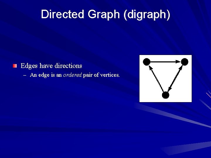 Directed Graph (digraph) Edges have directions – An edge is an ordered pair of