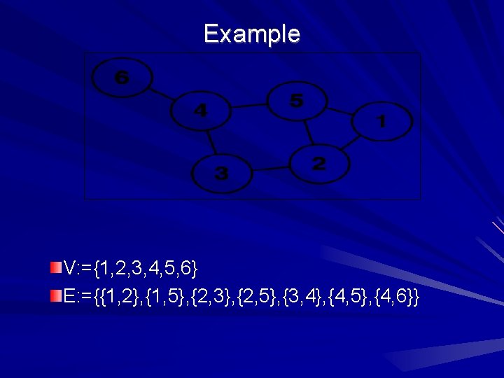 Example V: ={1, 2, 3, 4, 5, 6} E: ={{1, 2}, {1, 5}, {2,