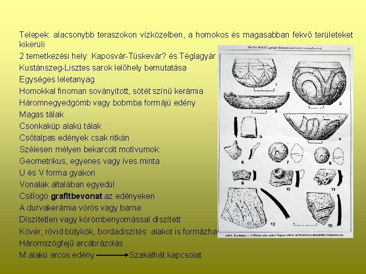 Telepek: alacsonybb teraszokon vízközelben, a homokos és magasabban fekvő területeket kikerüli 2 temetkezési hely: