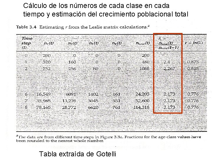 Cálculo de los números de cada clase en cada tiempo y estimación del crecimiento