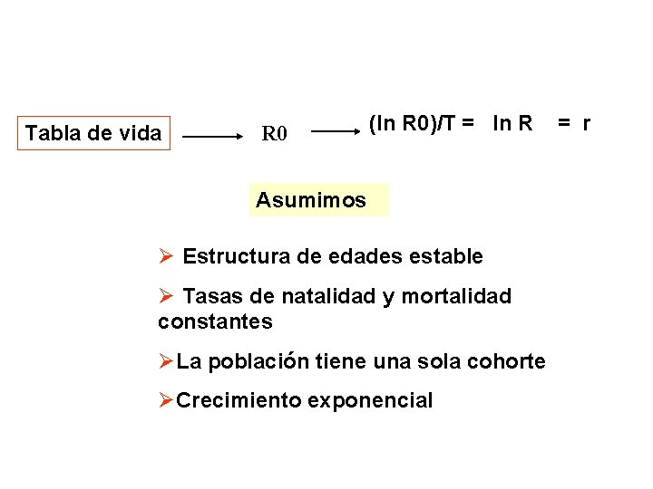 Tabla de vida R 0 (ln R 0)/T = ln R Asumimos Ø Estructura