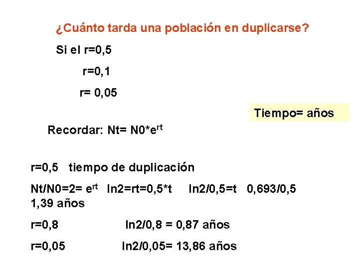 ¿Cuánto tarda una población en duplicarse? Si el r=0, 5 r=0, 1 r= 0,