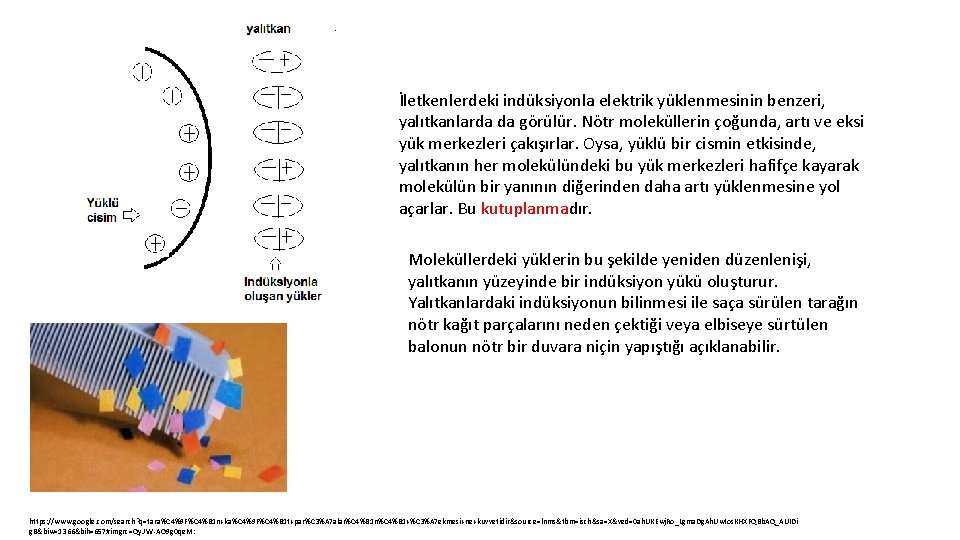 İletkenlerdeki indüksiyonla elektrik yüklenmesinin benzeri, yalıtkanlarda da görülür. Nötr moleküllerin çoğunda, artı ve eksi