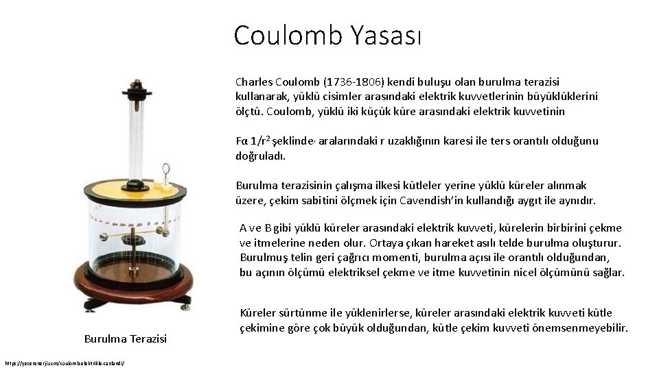 Coulomb Yasası Charles Coulomb (1736 -1806) kendi buluşu olan burulma terazisi kullanarak, yüklü cisimler