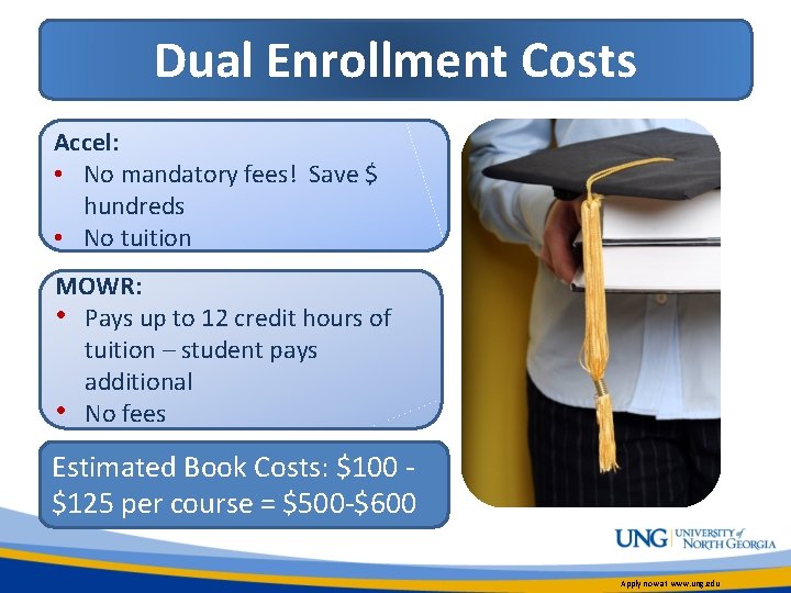 Dual Enrollment Costs Accel: • No mandatory fees! Save $ hundreds • No tuition