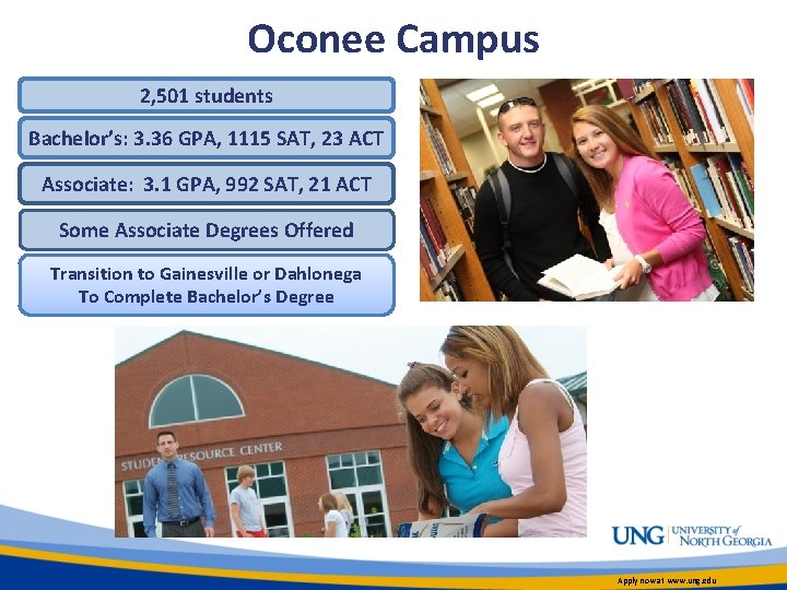 Oconee Campus 2, 501 students Bachelor’s: 3. 36 GPA, 1115 SAT, 23 ACT Associate: