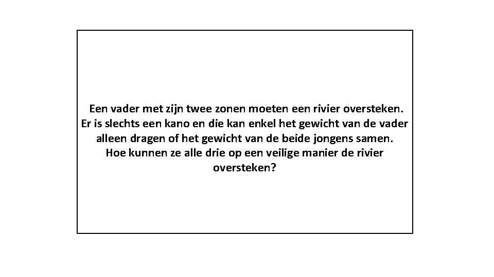 Een vader met zijn twee zonen moeten een rivier oversteken. Er is slechts een