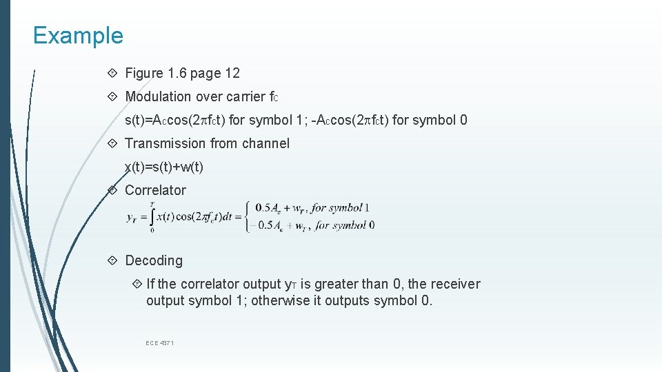 Example Figure 1. 6 page 12 Modulation over carrier fc s(t)=Accos(2 fct) for symbol