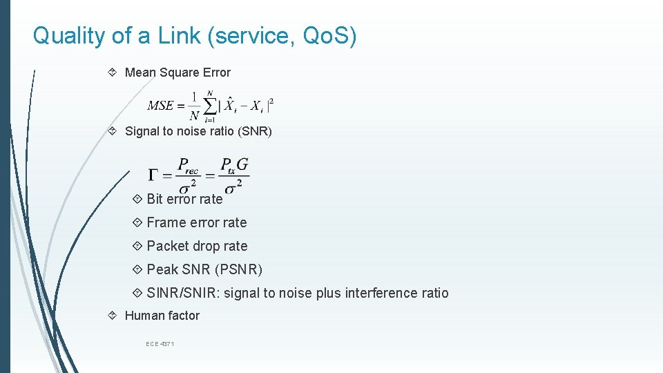 Quality of a Link (service, Qo. S) Mean Square Error Signal to noise ratio