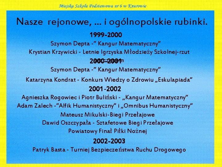 Nasze rejonowe, … i ogólnopolskie rubinki. 1999 -2000 Szymon Depta -” Kangur Matematyczny” Krystian