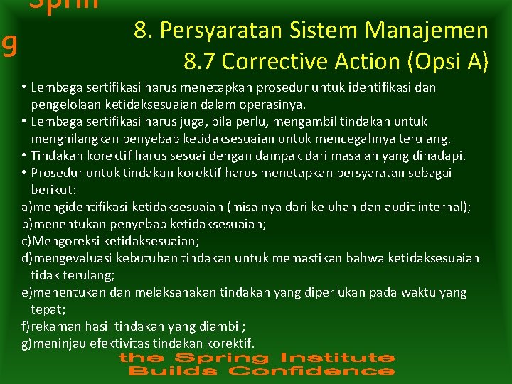 Sprin g 8. Persyaratan Sistem Manajemen 8. 7 Corrective Action (Opsi A) • Lembaga