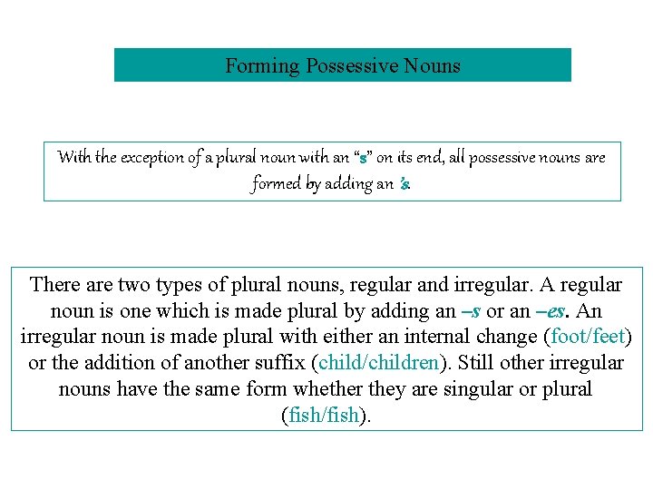 Forming Possessive Nouns With the exception of a plural noun with an “s” on