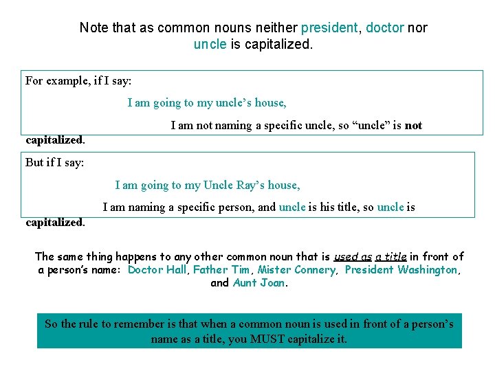 Note that as common nouns neither president, doctor nor uncle is capitalized. For example,