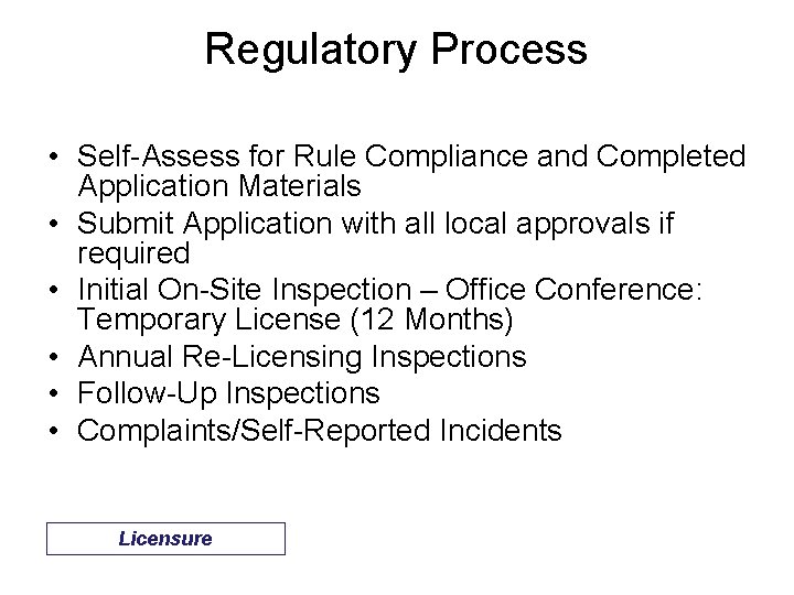 Regulatory Process • Self-Assess for Rule Compliance and Completed Application Materials • Submit Application