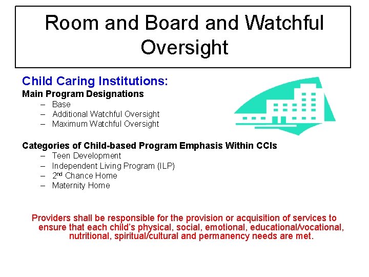 Room and Board and Watchful Oversight Child Caring Institutions: Main Program Designations – Base