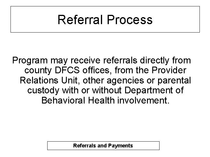 Referral Process Program may receive referrals directly from county DFCS offices, from the Provider
