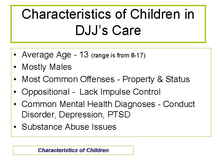 Characteristics of Children in DJJ’s Care • • • Average Age - 13 (range