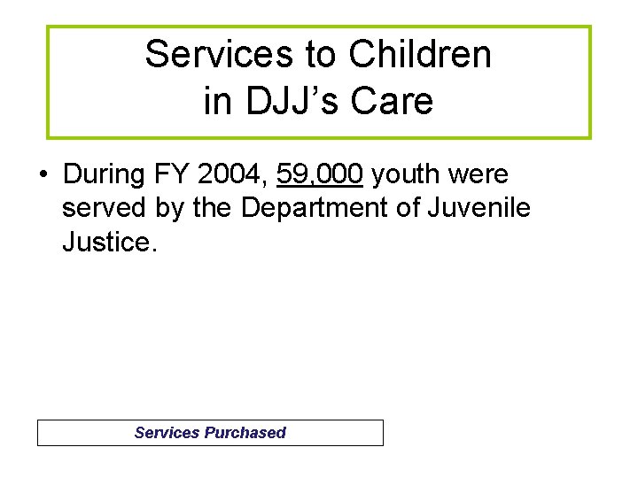 Services to Children in DJJ’s Care • During FY 2004, 59, 000 youth were