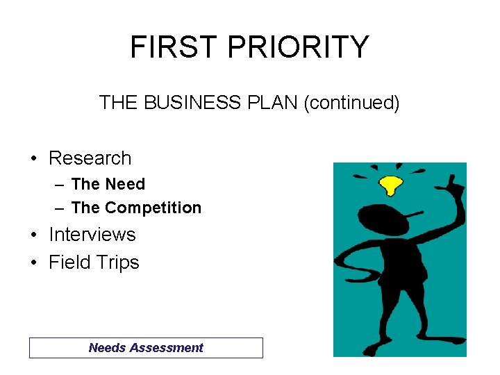 FIRST PRIORITY THE BUSINESS PLAN (continued) • Research – The Need – The Competition