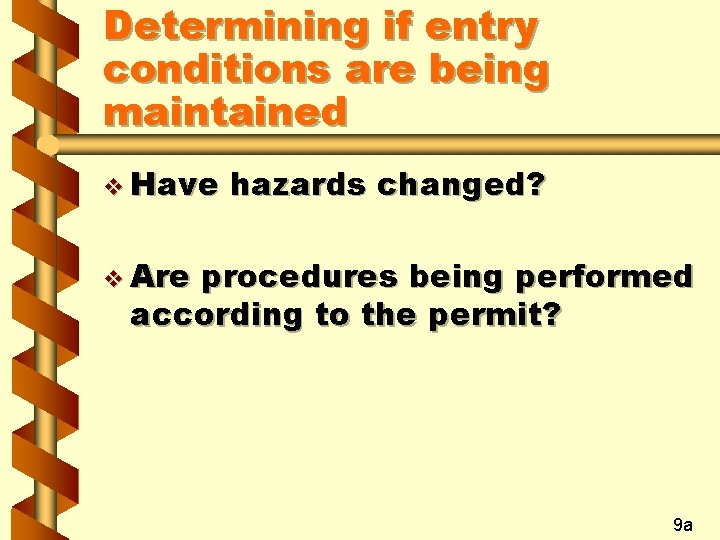 Determining if entry conditions are being maintained v Have hazards changed? v Are procedures