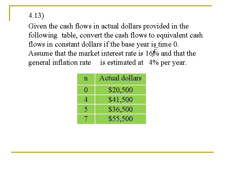 4. 13) Given the cash flows in actual dollars provided in the following table,