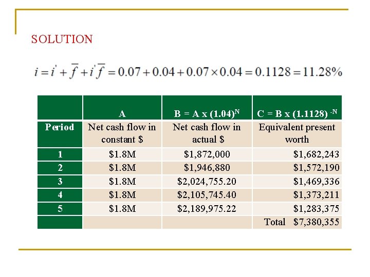 SOLUTION A Net cash flow in constant $ $1. 8 M Period 1 2