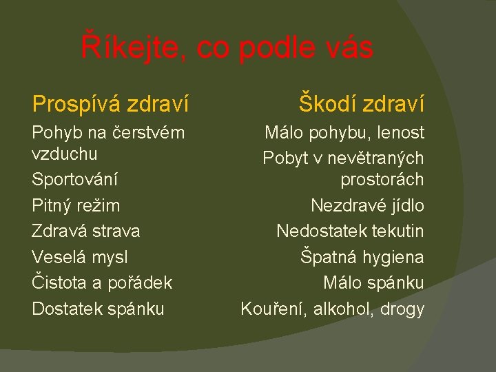 Říkejte, co podle vás Prospívá zdraví Škodí zdraví Pohyb na čerstvém vzduchu Sportování Pitný