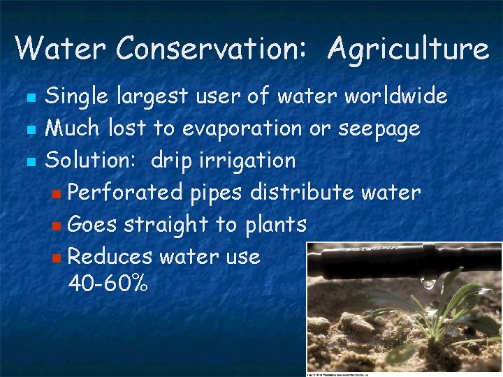Water Conservation: Agriculture n n n Single largest user of water worldwide Much lost