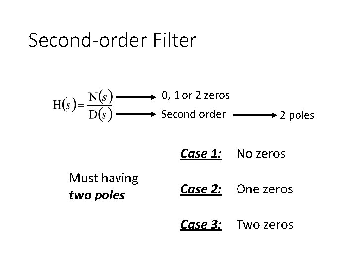 Second-order Filter 0, 1 or 2 zeros Second order Must having two poles 2