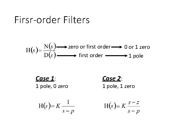 Firsr-order Filters zero or first order Case 1: 1 pole, 0 zero Case 2: