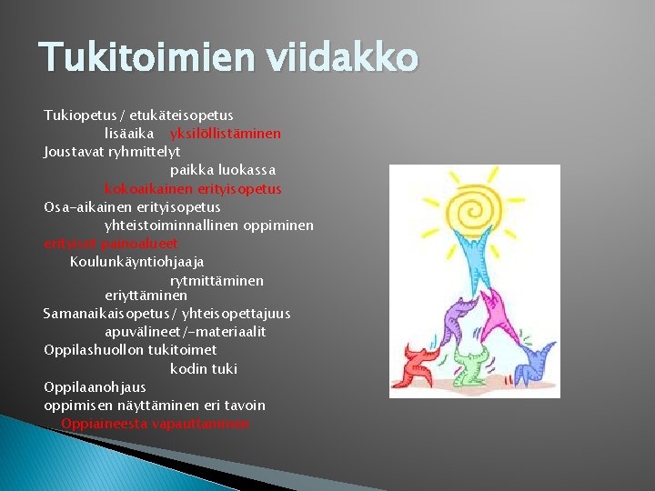 Tukitoimien viidakko Tukiopetus/ etukäteisopetus lisäaika yksilöllistäminen Joustavat ryhmittelyt paikka luokassa kokoaikainen erityisopetus Osa-aikainen erityisopetus