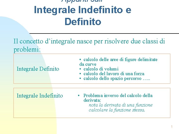 Appunti sull’ Integrale Indefinito e Definito Il concetto d’integrale nasce per risolvere due classi