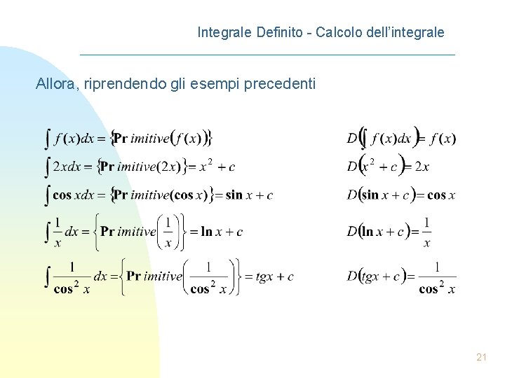 Integrale Definito - Calcolo dell’integrale Allora, riprendendo gli esempi precedenti 21 