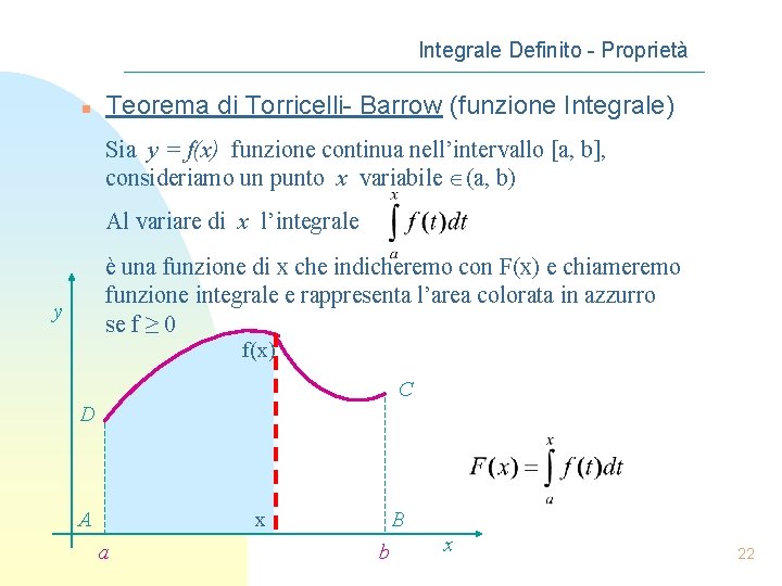 Integrale Definito - Proprietà n Teorema di Torricelli- Barrow (funzione Integrale) Sia y =